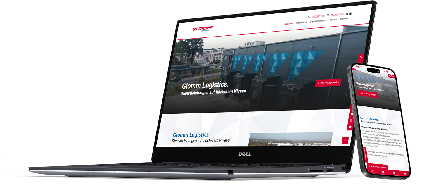 Glomm Spedition website on laptop and mobile